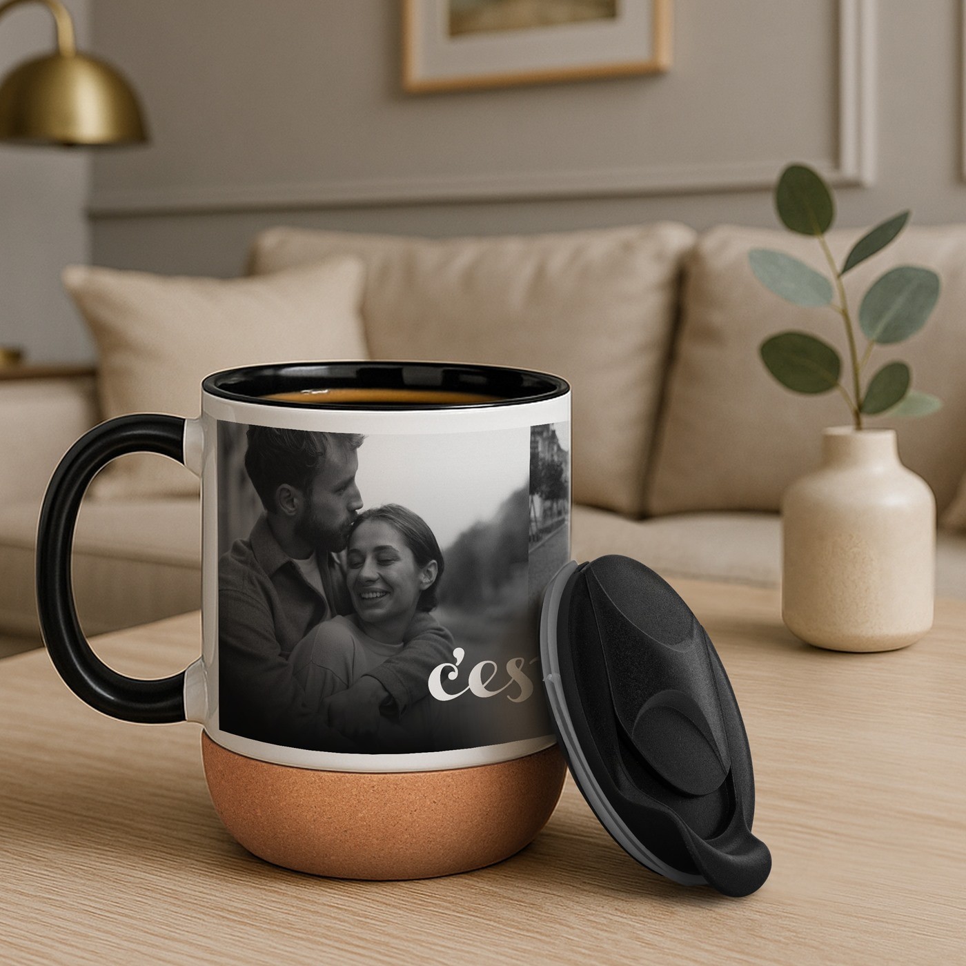 Mug de cerámica Murrano con base de corcho y tapa personalizada para mujer - Regalo de aniversario de bodas