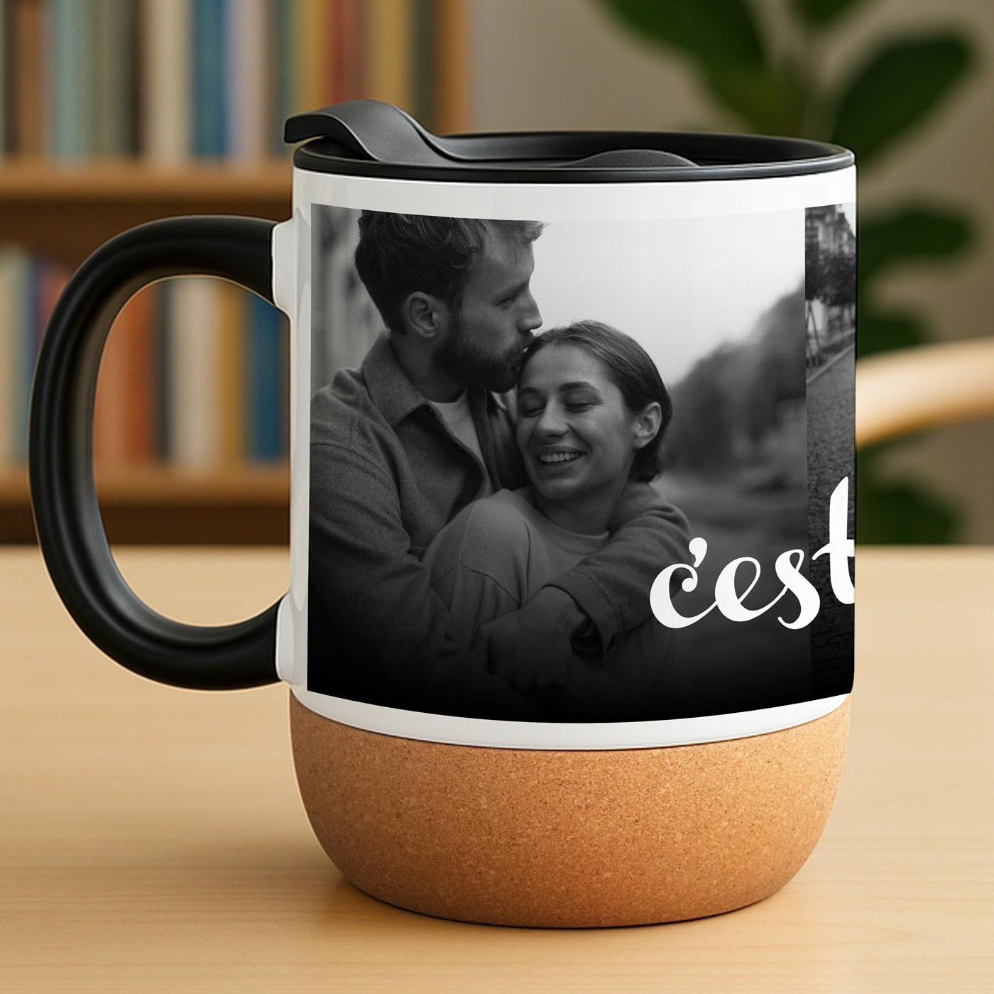 Mug de cerámica Murrano con base de corcho y tapa personalizada para mujer - Regalo de aniversario de bodas
