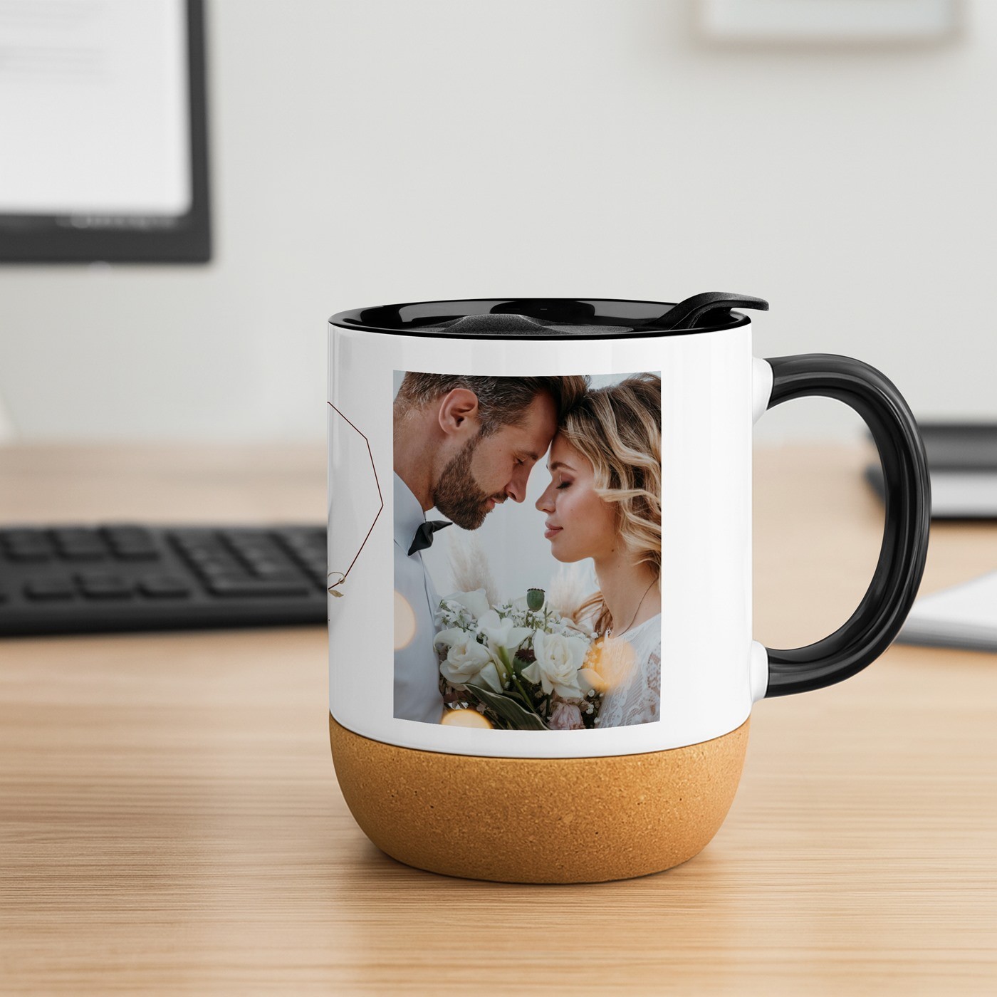Mug de cerámica Murrano con base de corcho y tapa para parejas, regalo de boda