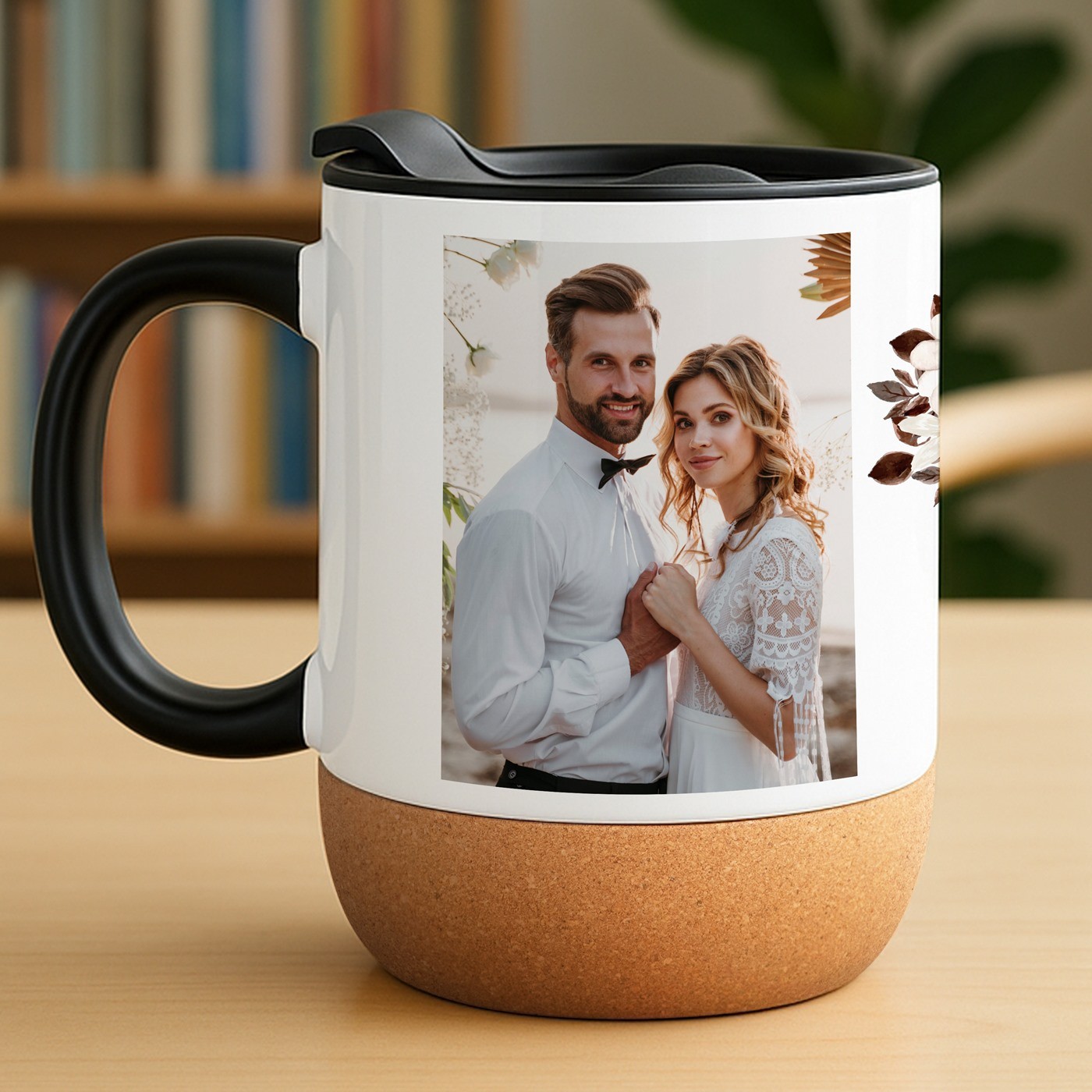 Mug de cerámica Murrano con base de corcho y tapa para parejas, regalo de boda