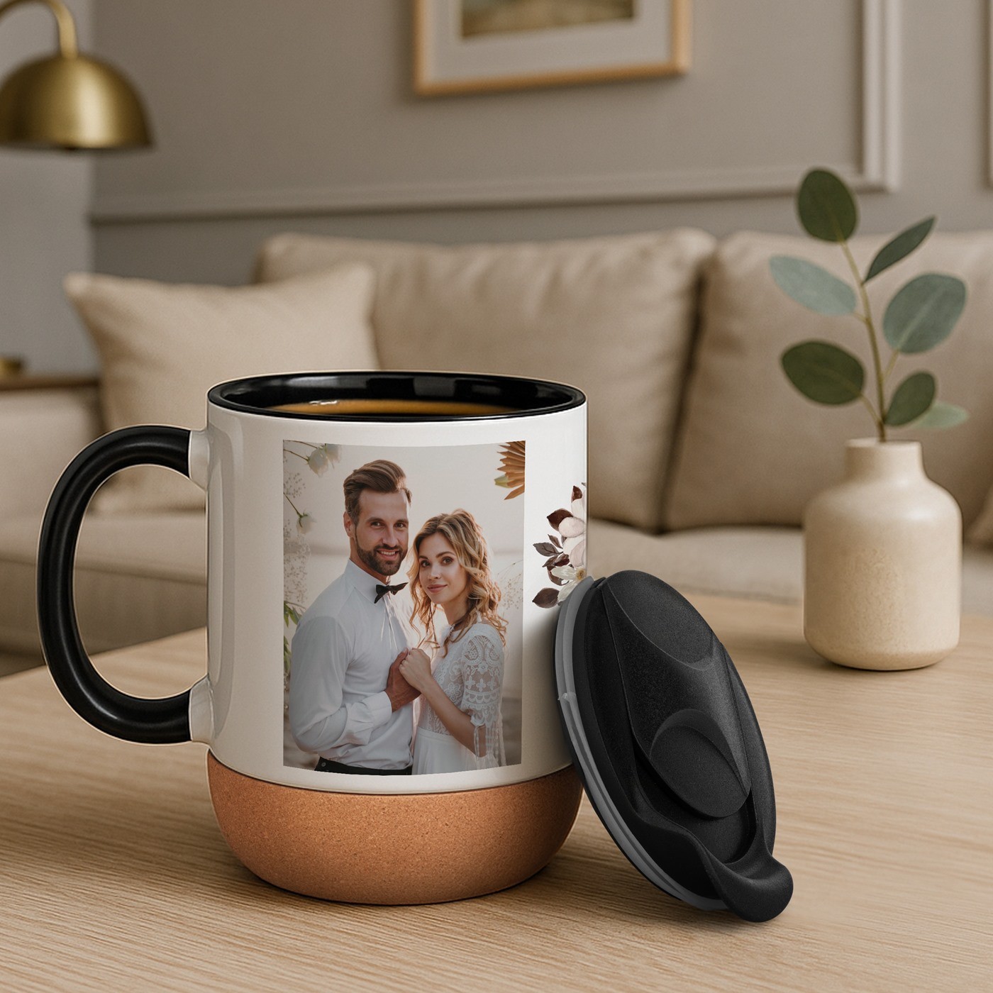 Mug de cerámica Murrano con base de corcho y tapa para parejas, regalo de boda