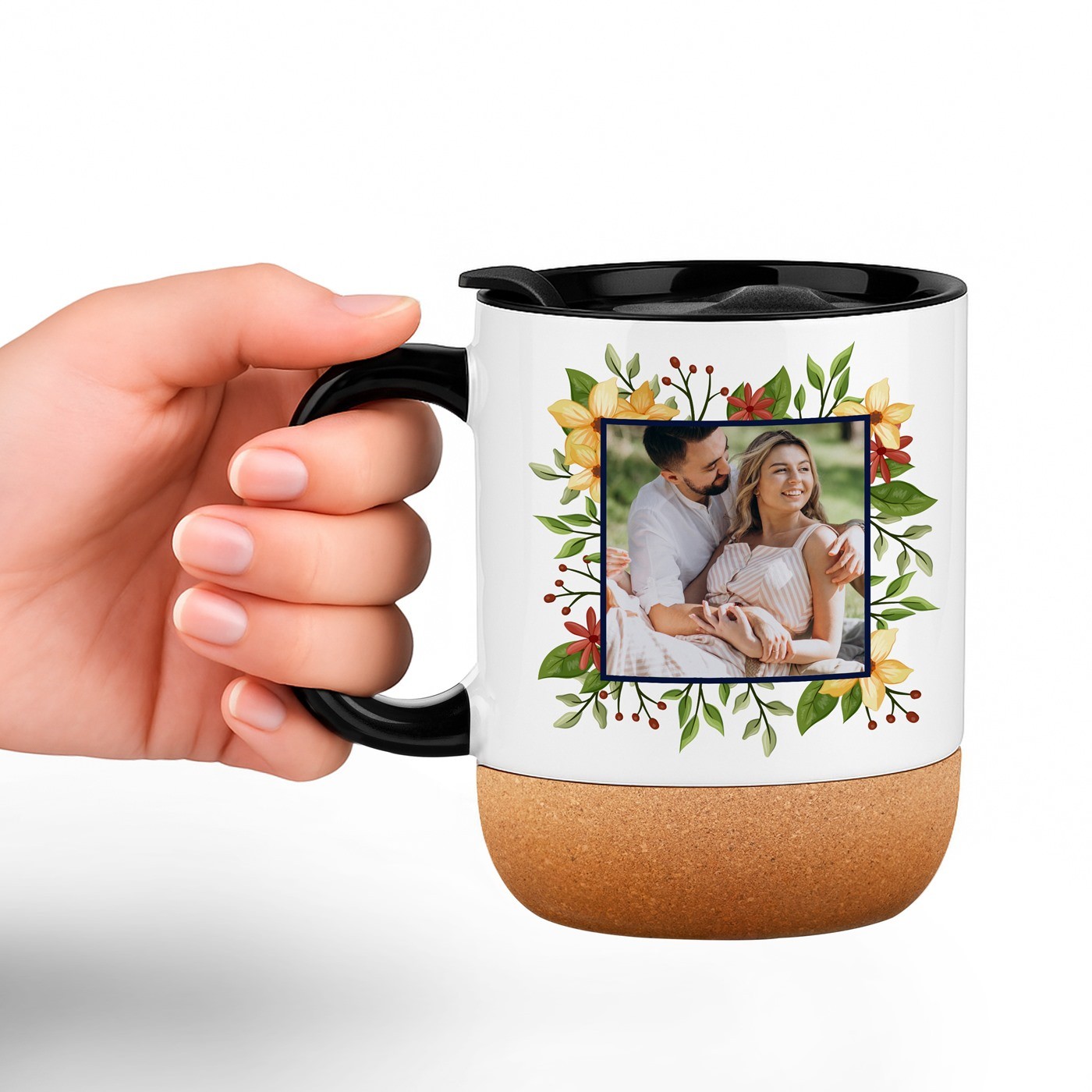 Mug de cerámica Murrano con base de corcho y tapa personalizada para esposa en el aniversario de boda