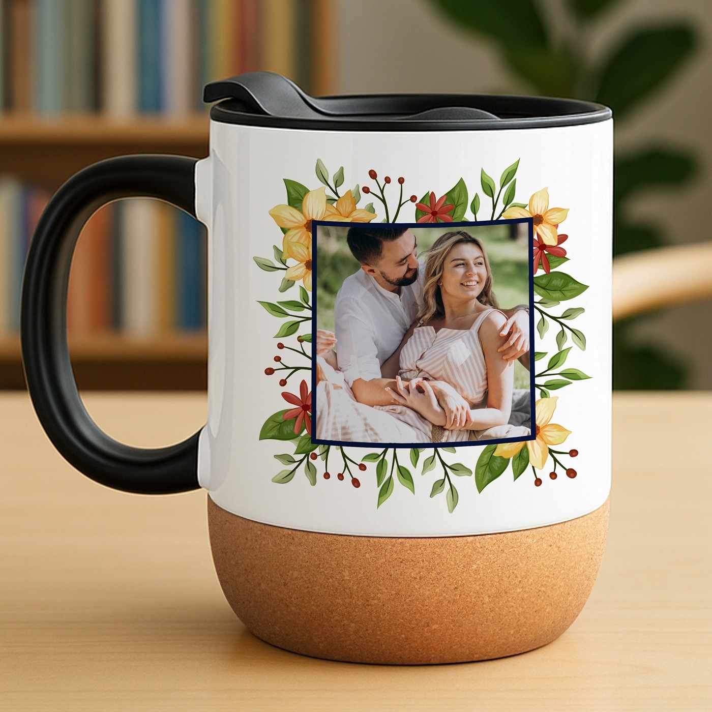 Mug de cerámica Murrano con base de corcho y tapa personalizada para esposa en el aniversario de boda