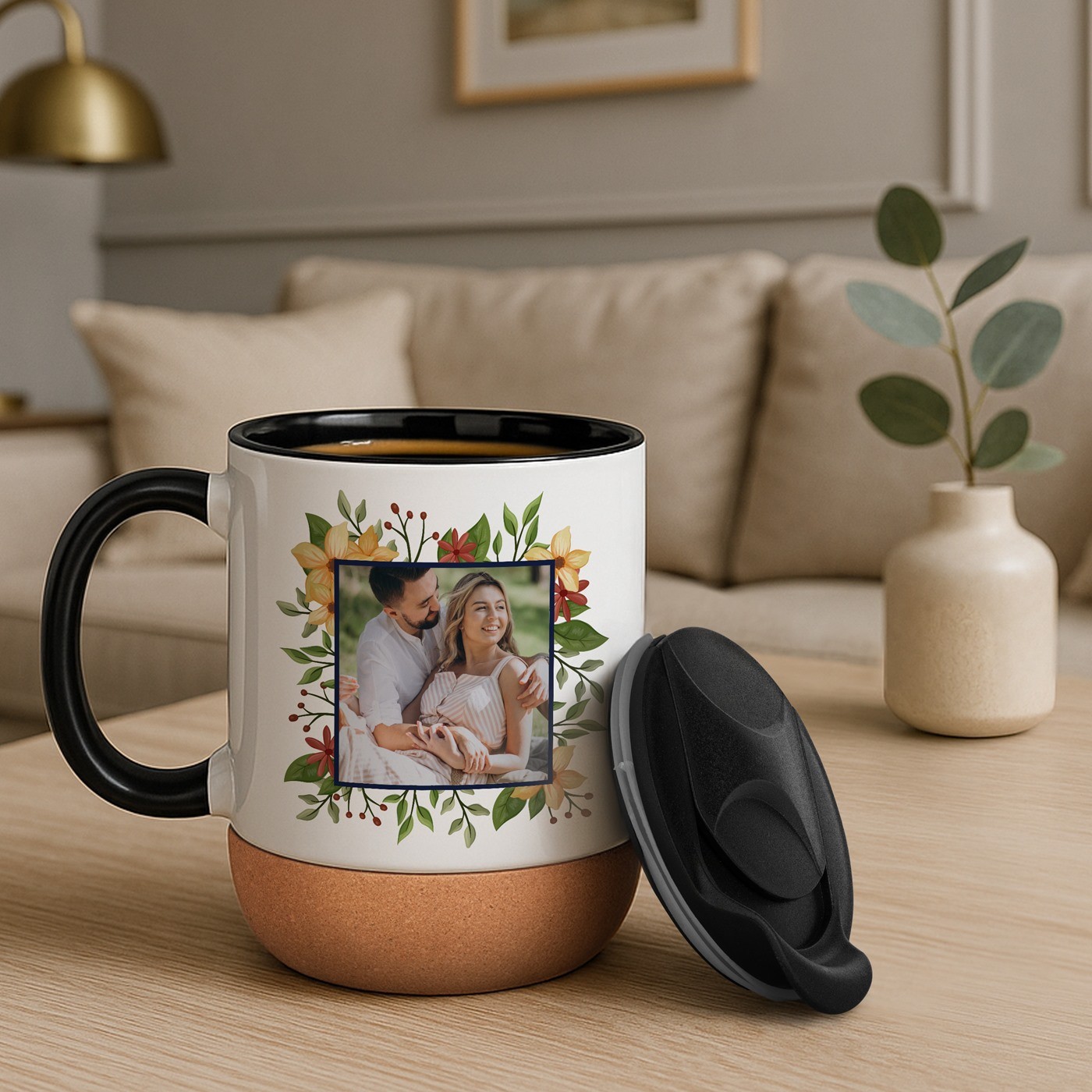 Mug de cerámica Murrano con base de corcho y tapa personalizada para esposa en el aniversario de boda