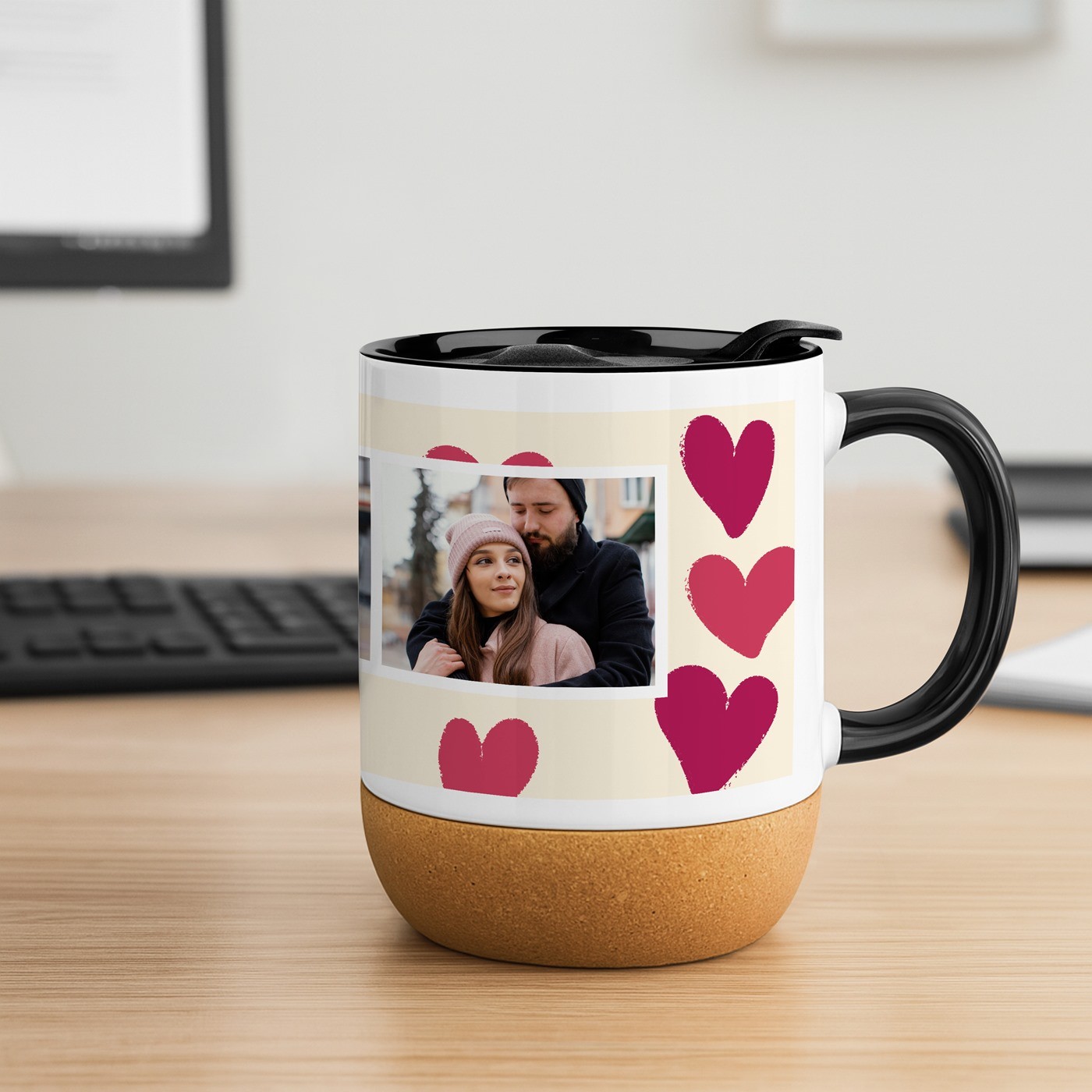 Mug de cerámica Murrano con base de corcho y tapa para parejas - Regalo para el Día de San Valentín