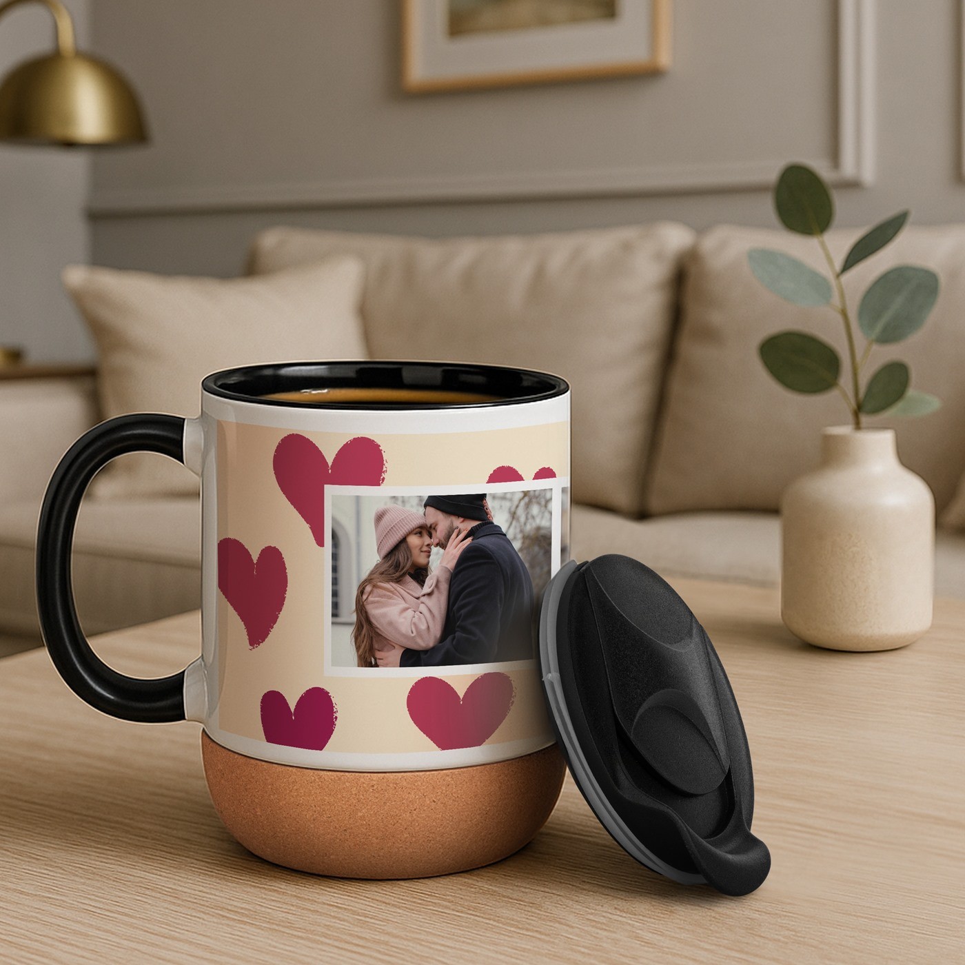 Mug de cerámica Murrano con base de corcho y tapa para parejas - Regalo para el Día de San Valentín