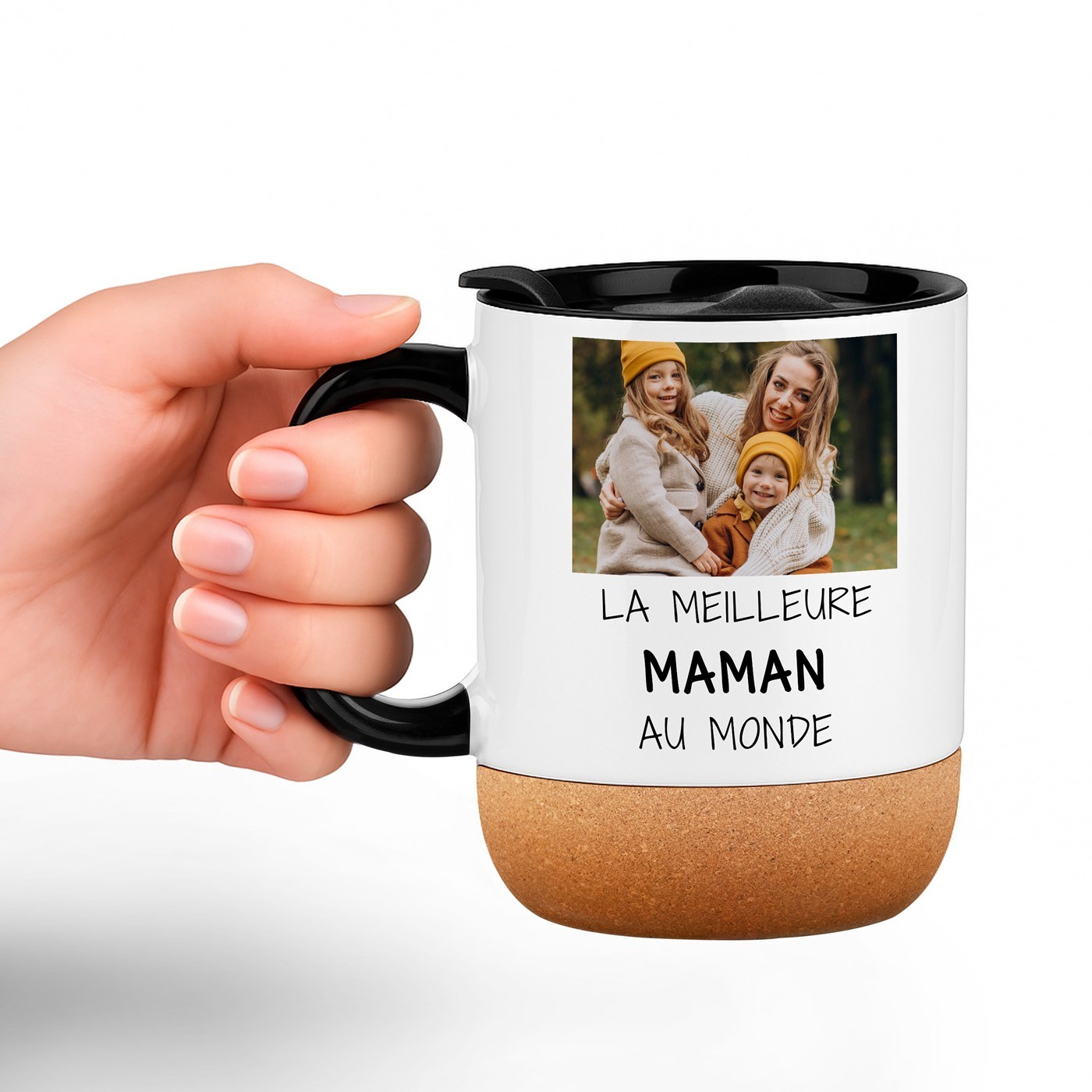 Mug de cerámica Murrano con base de corcho y tapa personalizada para el cumpleaños de mamá