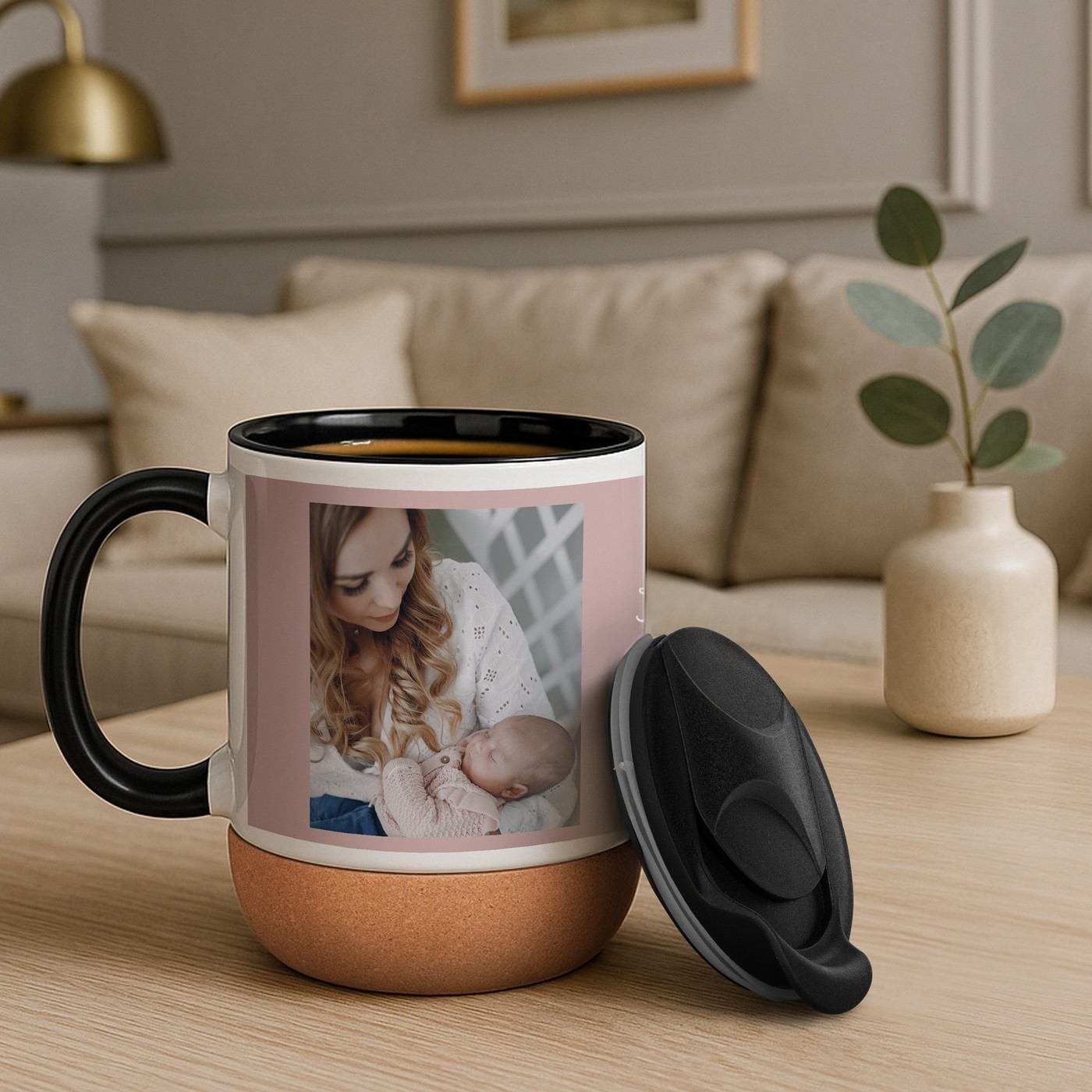 Mug de cerámica Murrano con base de corcho y impresión personalizada para el primer Día de la Madre