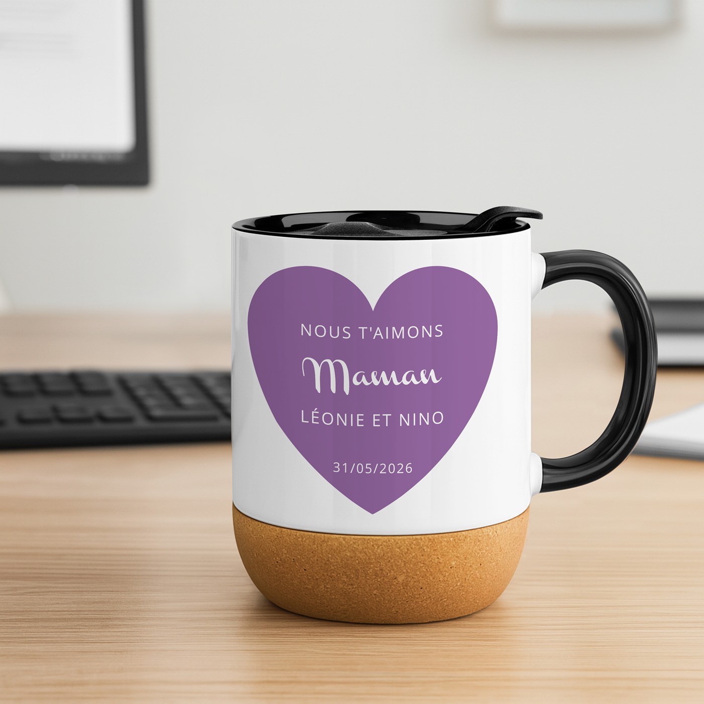 Mug de cerámica Murrano con tapa y base de corcho personalizado para el Día de las Madres