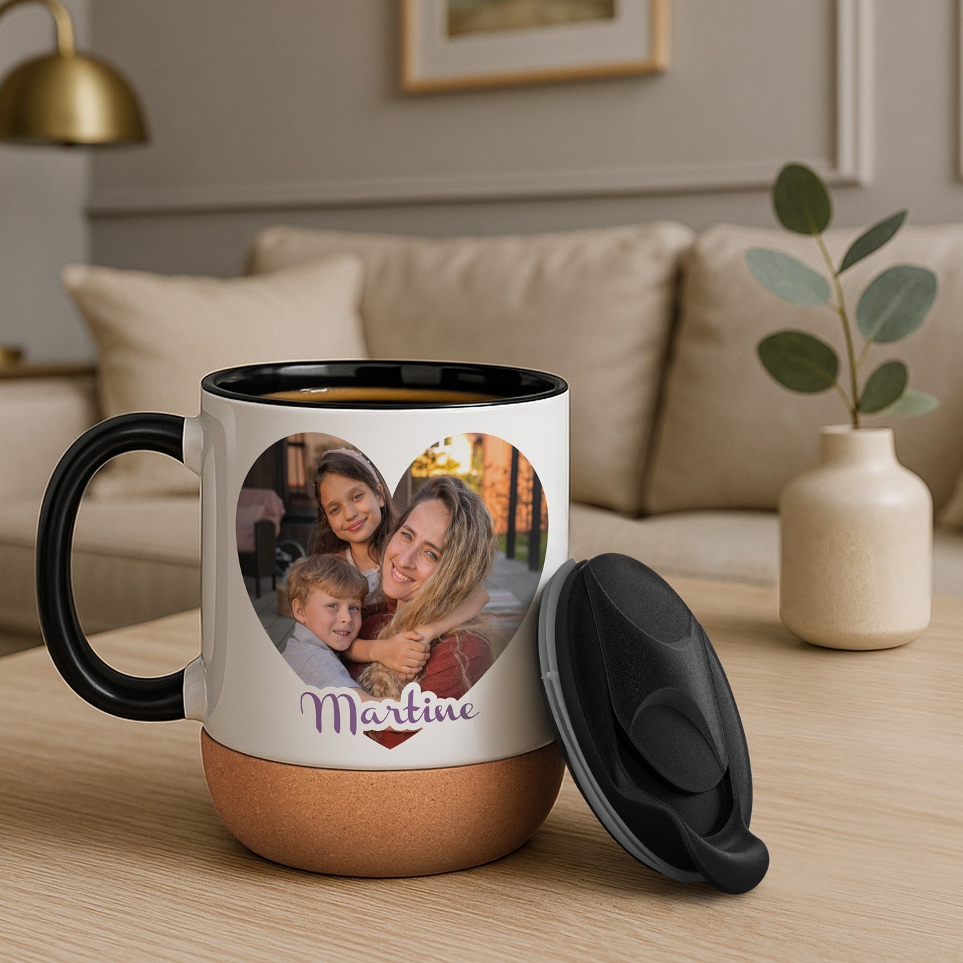 Mug de cerámica Murrano con tapa y base de corcho personalizado para el Día de las Madres