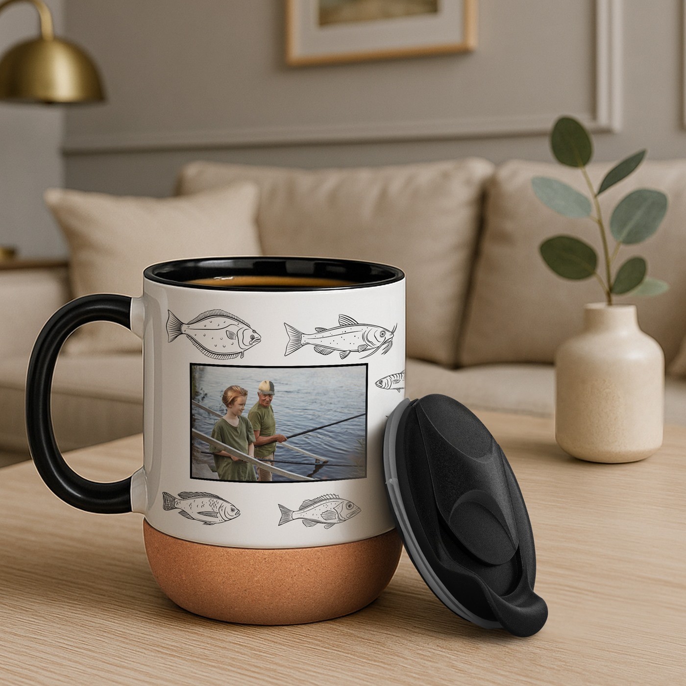 Mug de cerámica Murrano con base de corcho y tapa para el Día del Abuelo