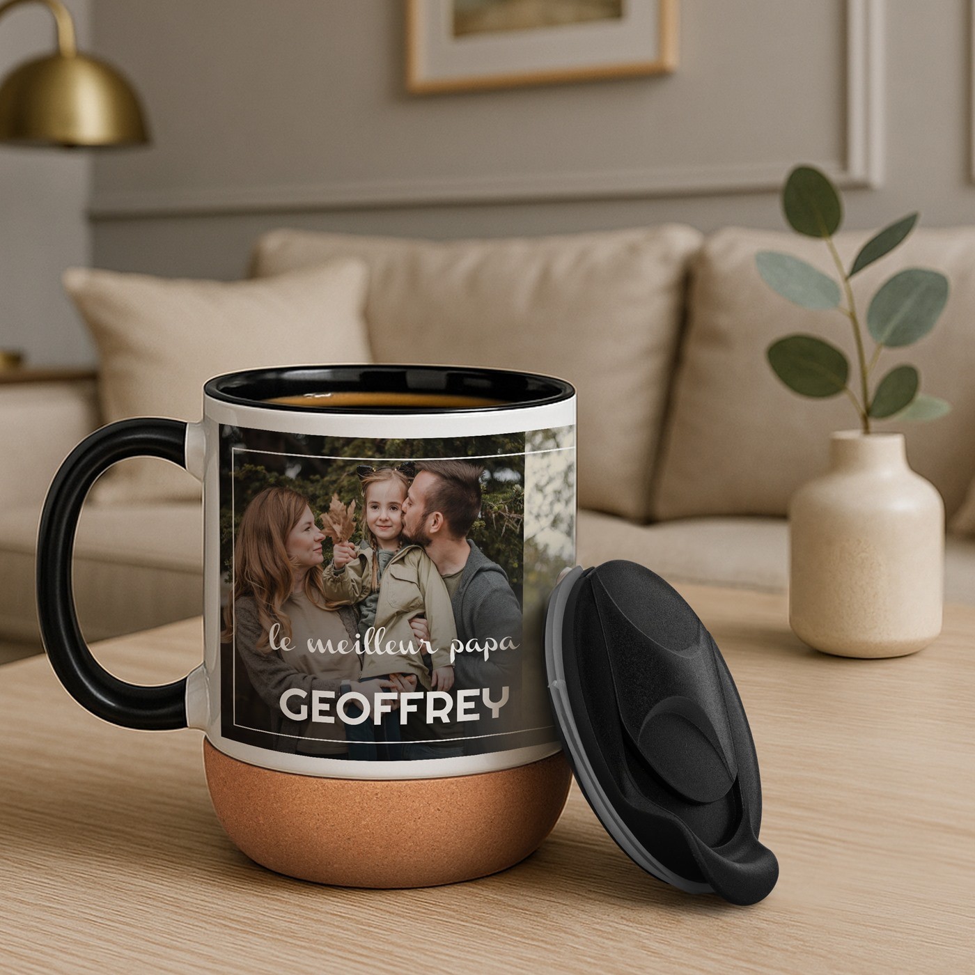 Taza de cerámica Murrano con base de corcho y tapa para el Día del Padre