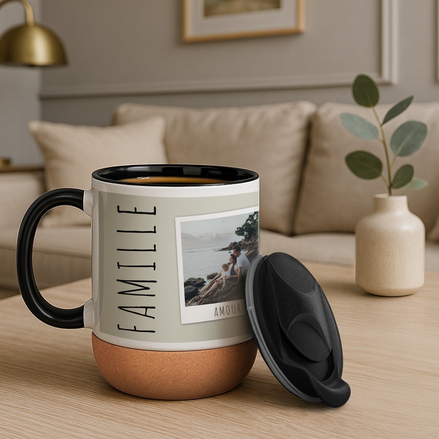 Mug de cerámica Murrano con base de corcho y tapa personalizada para él o ella