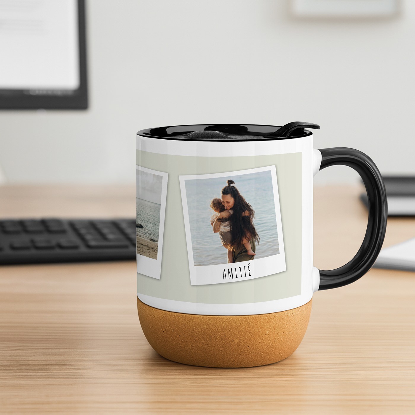 Mug de cerámica Murrano con base de corcho y tapa personalizada para él o ella