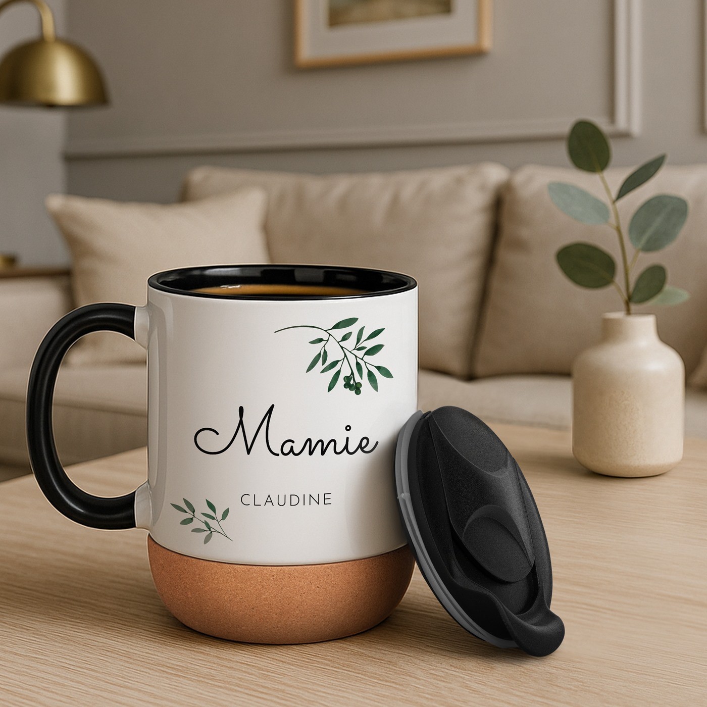 Taza de cerámica Murrano con base de corcho y tapa para el cumpleaños de la abuela