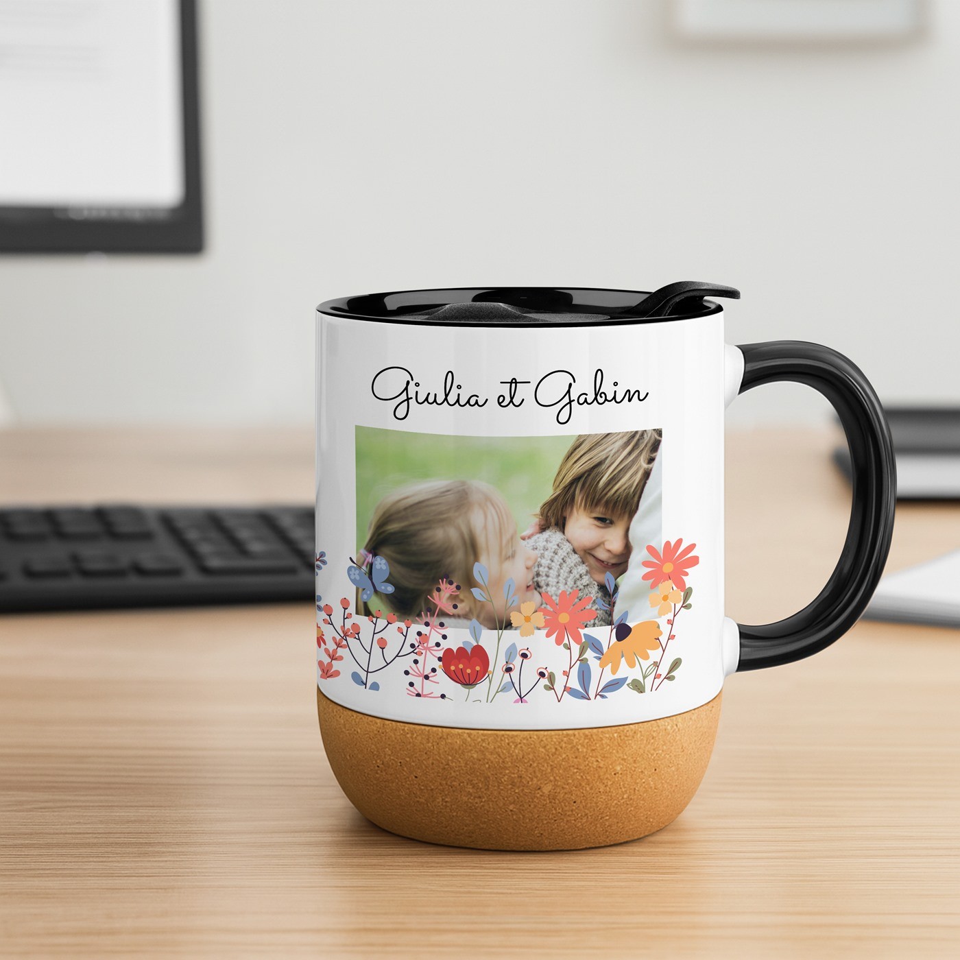 Taza de cerámica Murrano con base de corcho y tapa personalizada para abuelos aniversario de boda