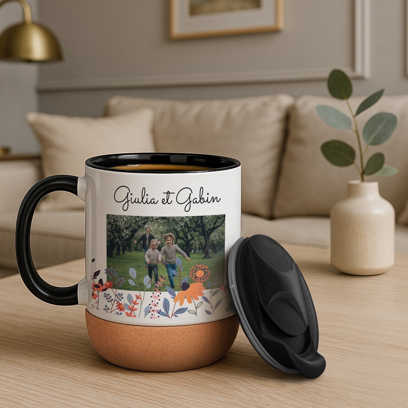 Taza de cerámica Murrano con base de corcho y tapa personalizada para abuelos aniversario de boda