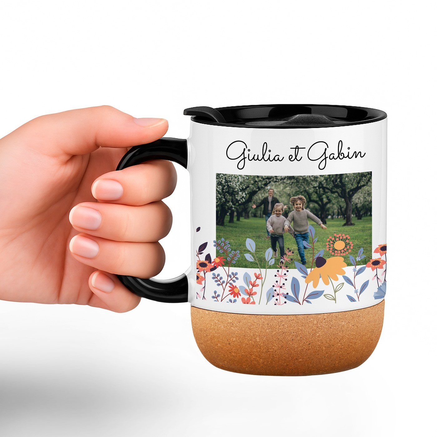 Taza de cerámica Murrano con base de corcho y tapa personalizada para abuelos aniversario de boda