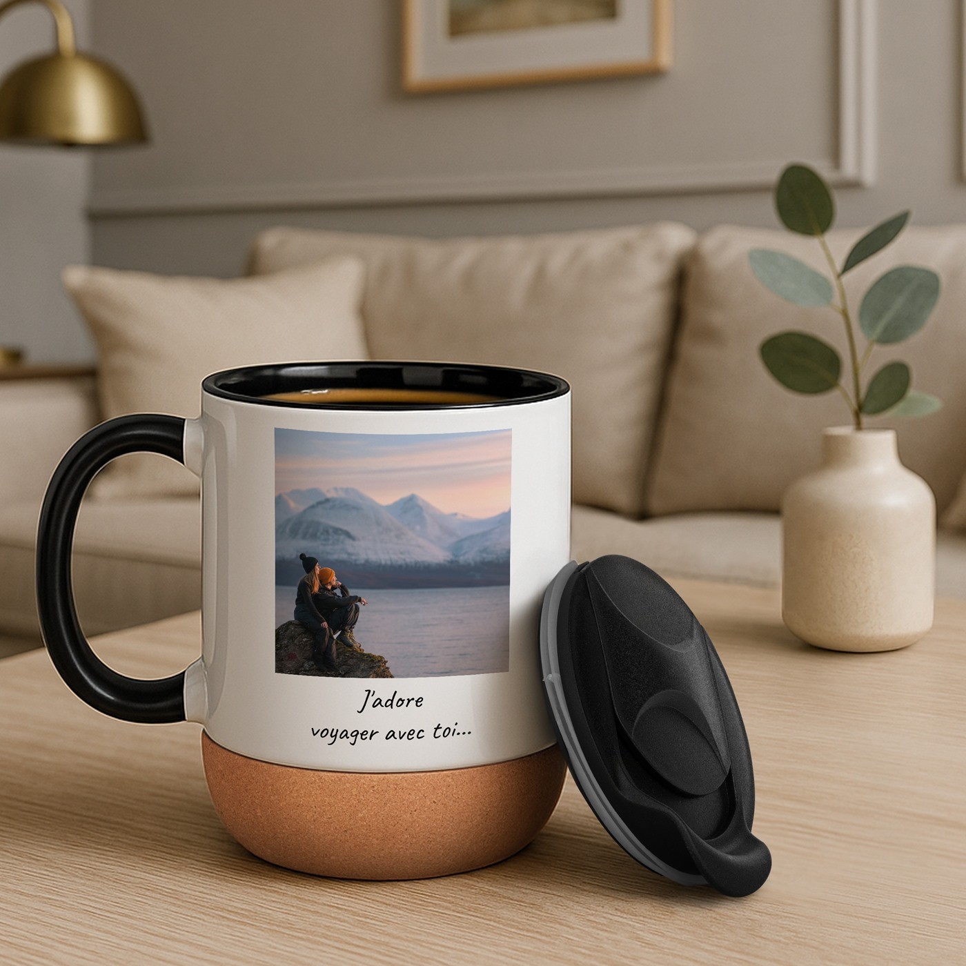 Mug de cerámica Murrano con tapa y base de corcho - El regalo perfecto para los amantes de los viajes