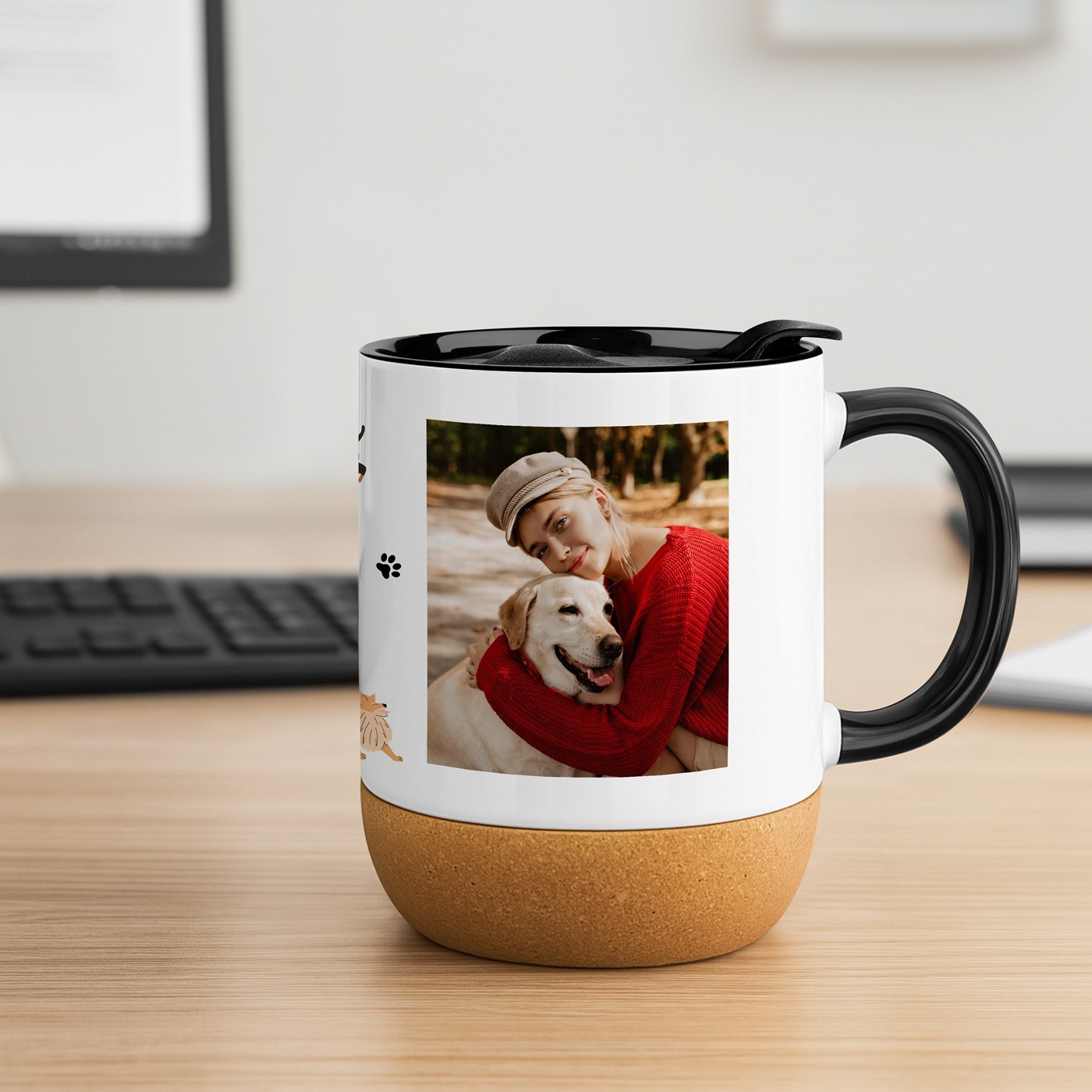Taza de cerámica Murrano con base de corcho y tapa para una amante de los perros