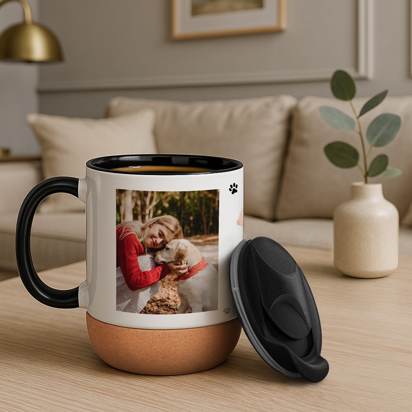 Taza de cerámica Murrano con base de corcho y tapa para una amante de los perros
