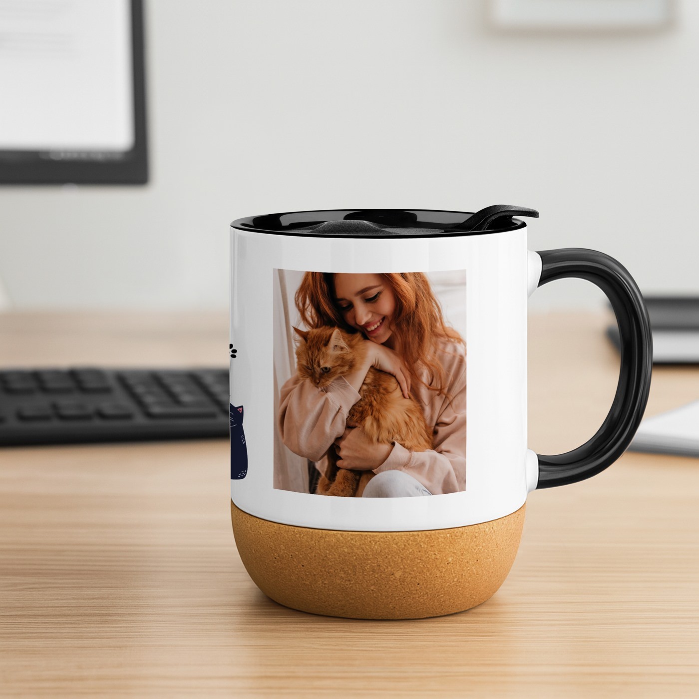 Mug de cerámica Murrano con base de corcho y tapa para el cumpleaños de un amante de los gatos