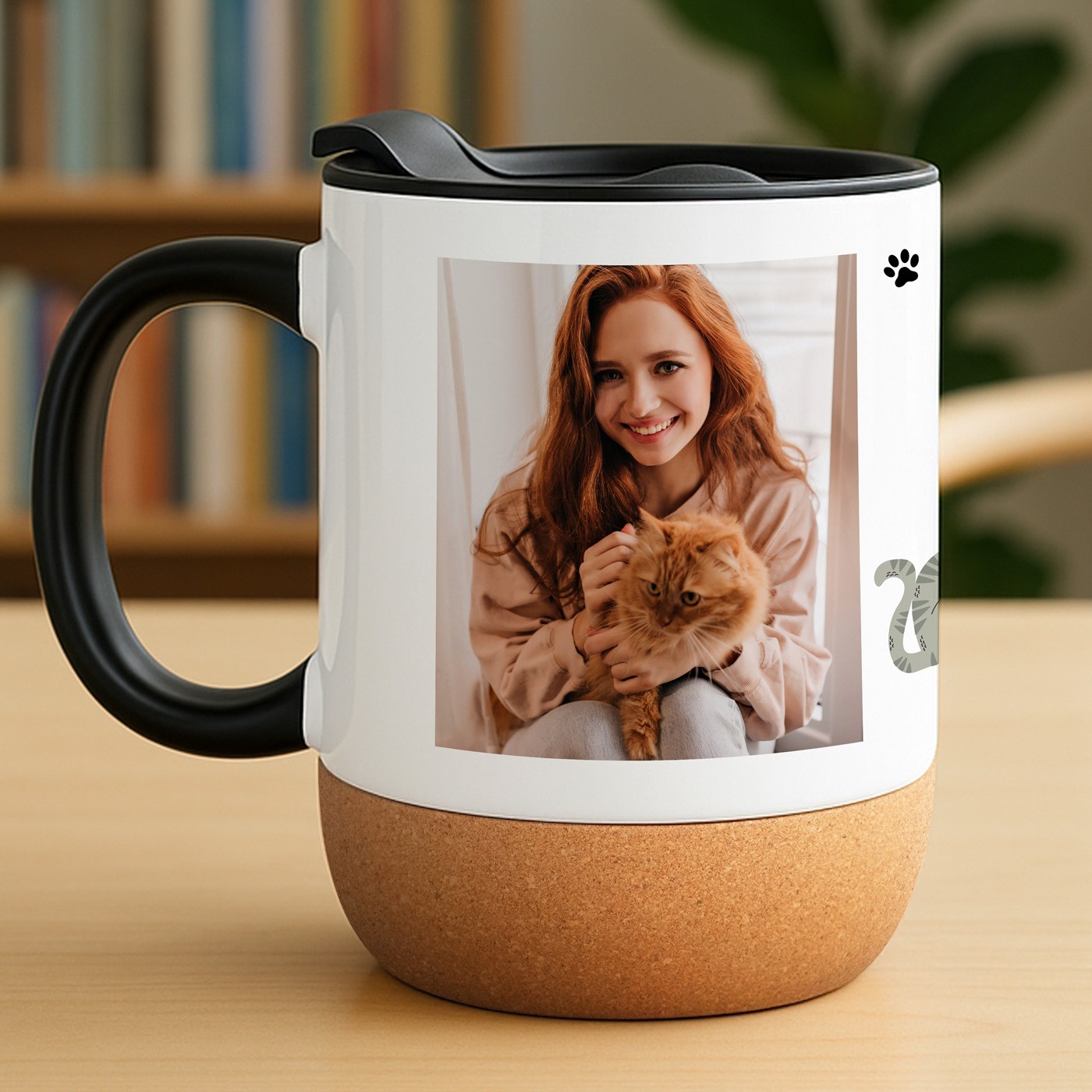 Mug de cerámica Murrano con base de corcho y tapa para el cumpleaños de un amante de los gatos