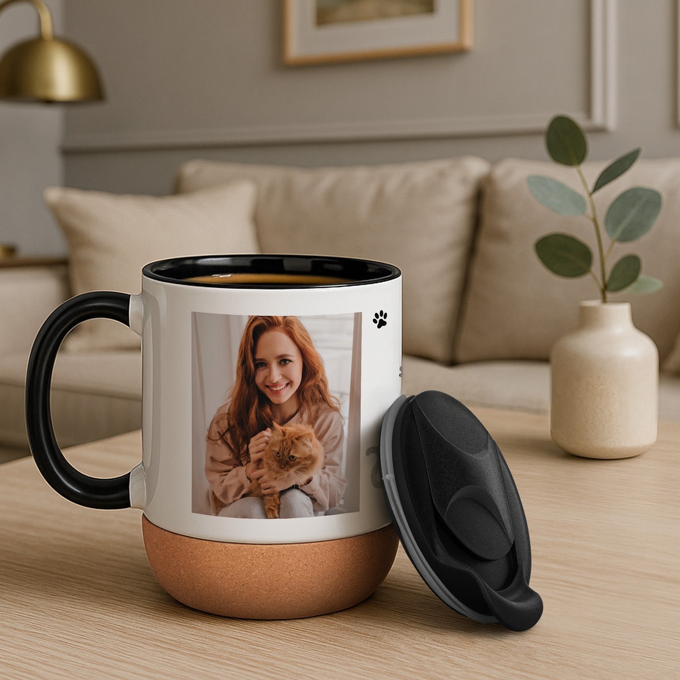 Mug de cerámica Murrano con base de corcho y tapa para el cumpleaños de un amante de los gatos