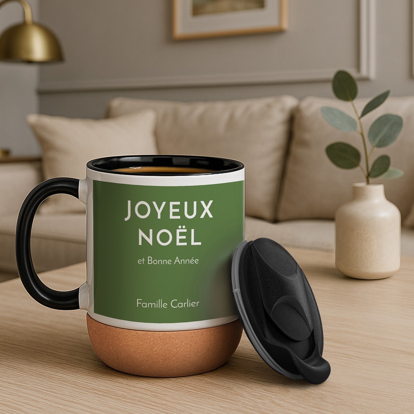 Taza de cerámica Murrano con base de corcho y tapa personalizada para padres en Navidad