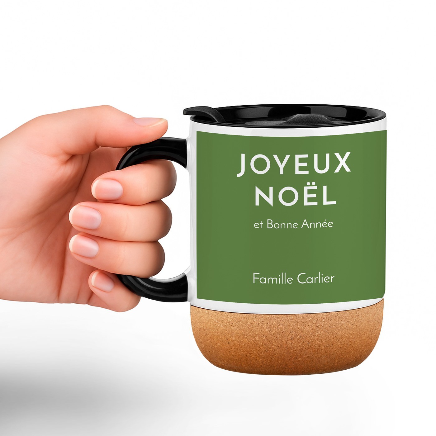 Taza de cerámica Murrano con base de corcho y tapa personalizada para padres en Navidad