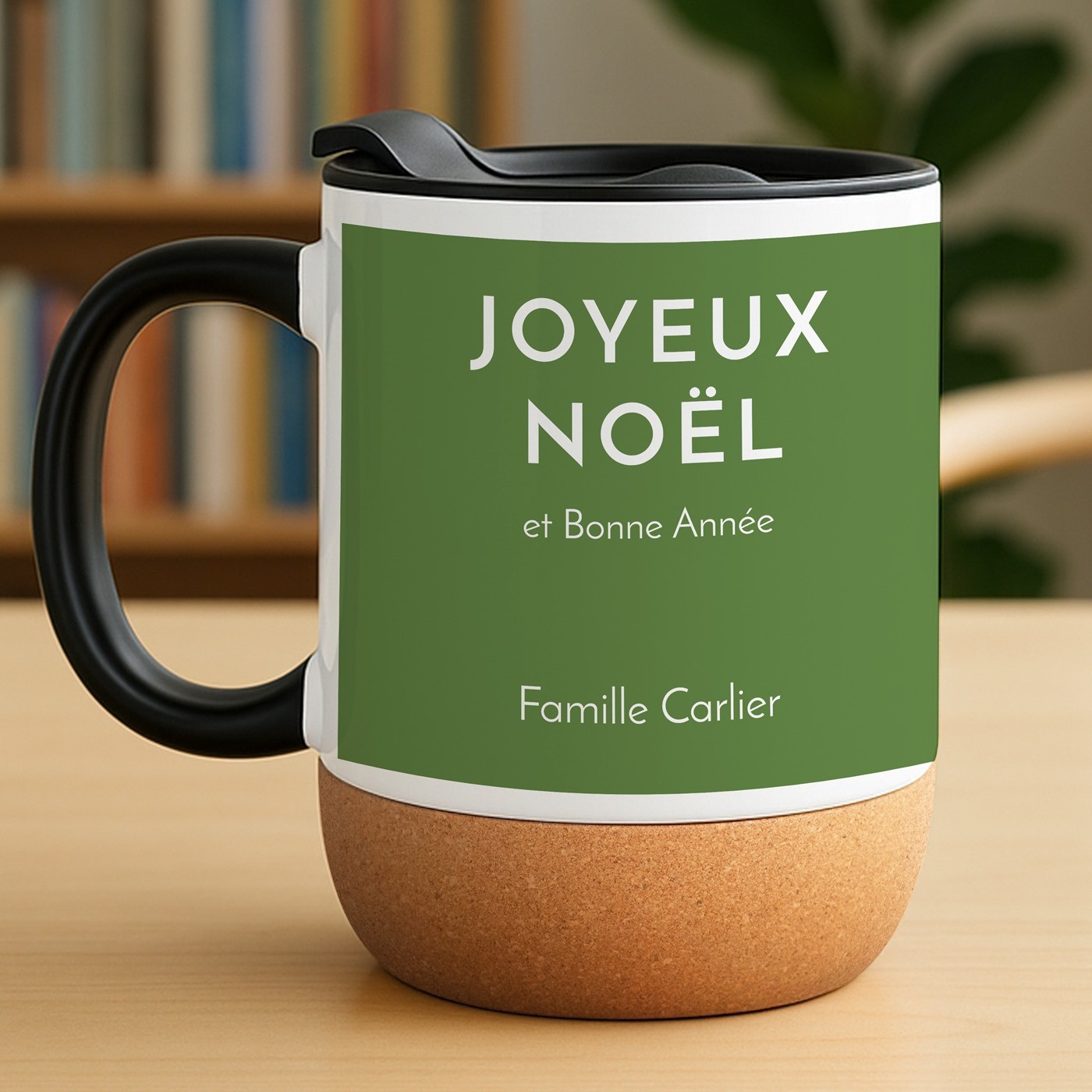 Taza de cerámica Murrano con base de corcho y tapa personalizada para padres en Navidad