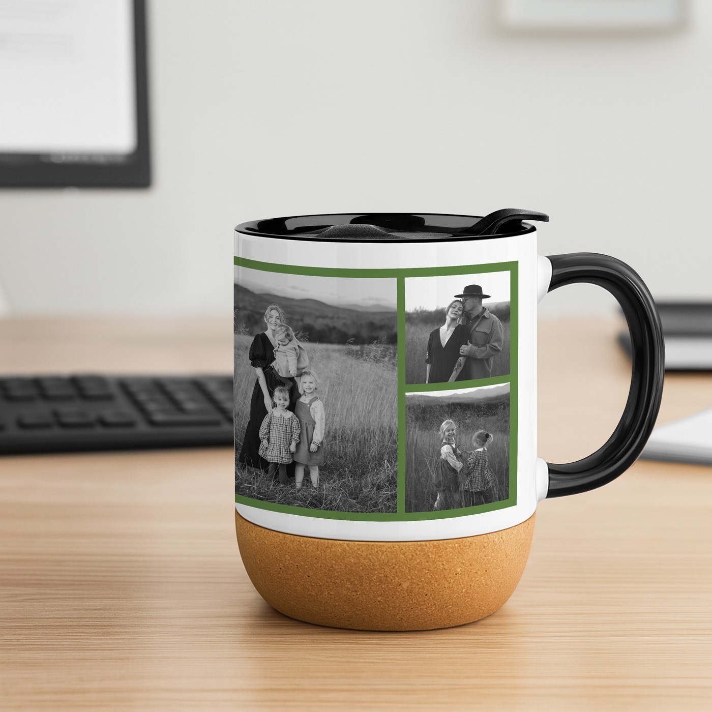 Taza de cerámica Murrano con base de corcho y tapa personalizada para padres en Navidad