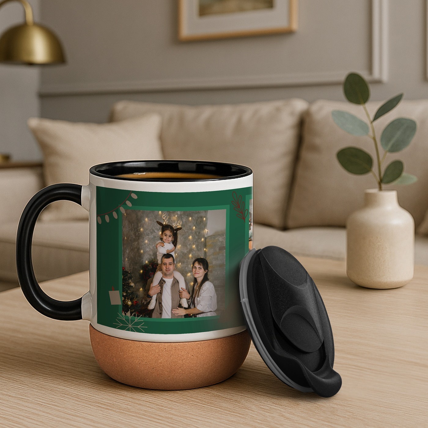 Mug de cerámica Murrano con base de corcho y tapa para amigos en Navidad