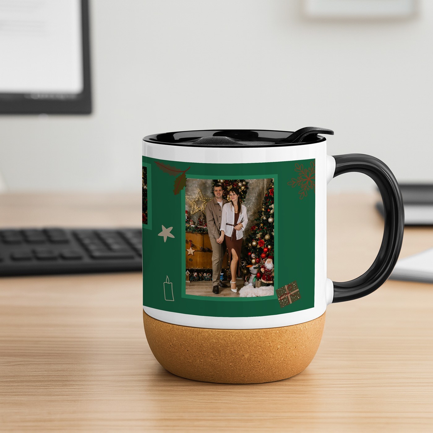 Mug de cerámica Murrano con base de corcho y tapa para amigos en Navidad
