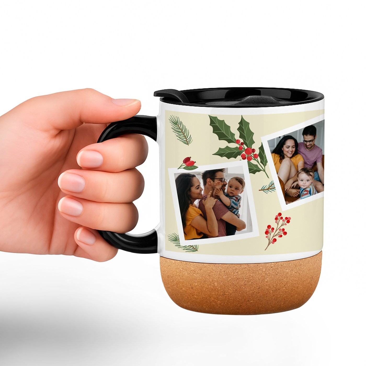 Taza de cerámica Murrano con base de corcho y tapa personalizada para una familia para Navidad