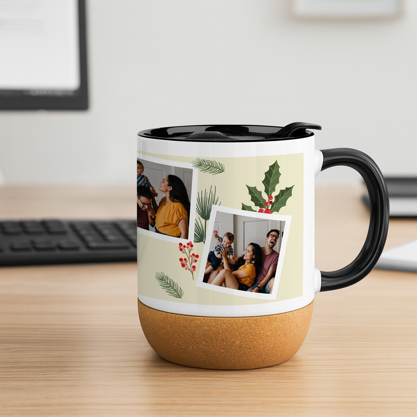Taza de cerámica Murrano con base de corcho y tapa personalizada para una familia para Navidad