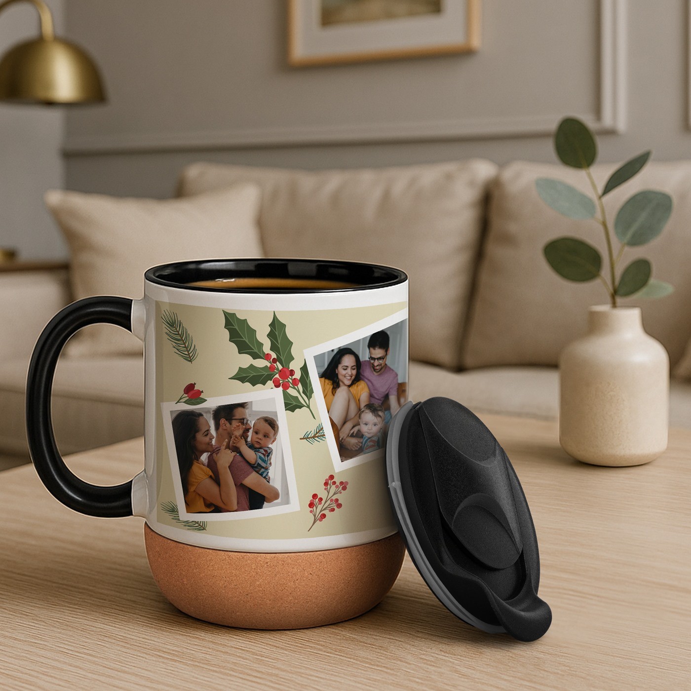 Taza de cerámica Murrano con base de corcho y tapa personalizada para una familia para Navidad