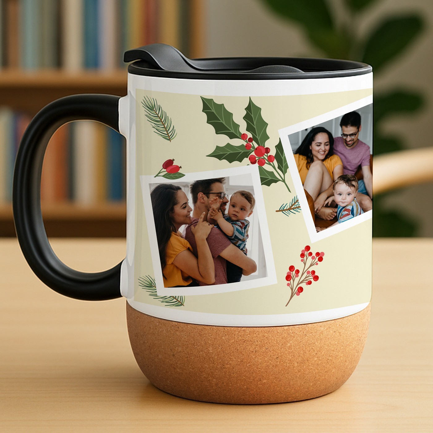 Taza de cerámica Murrano con base de corcho y tapa personalizada para una familia para Navidad