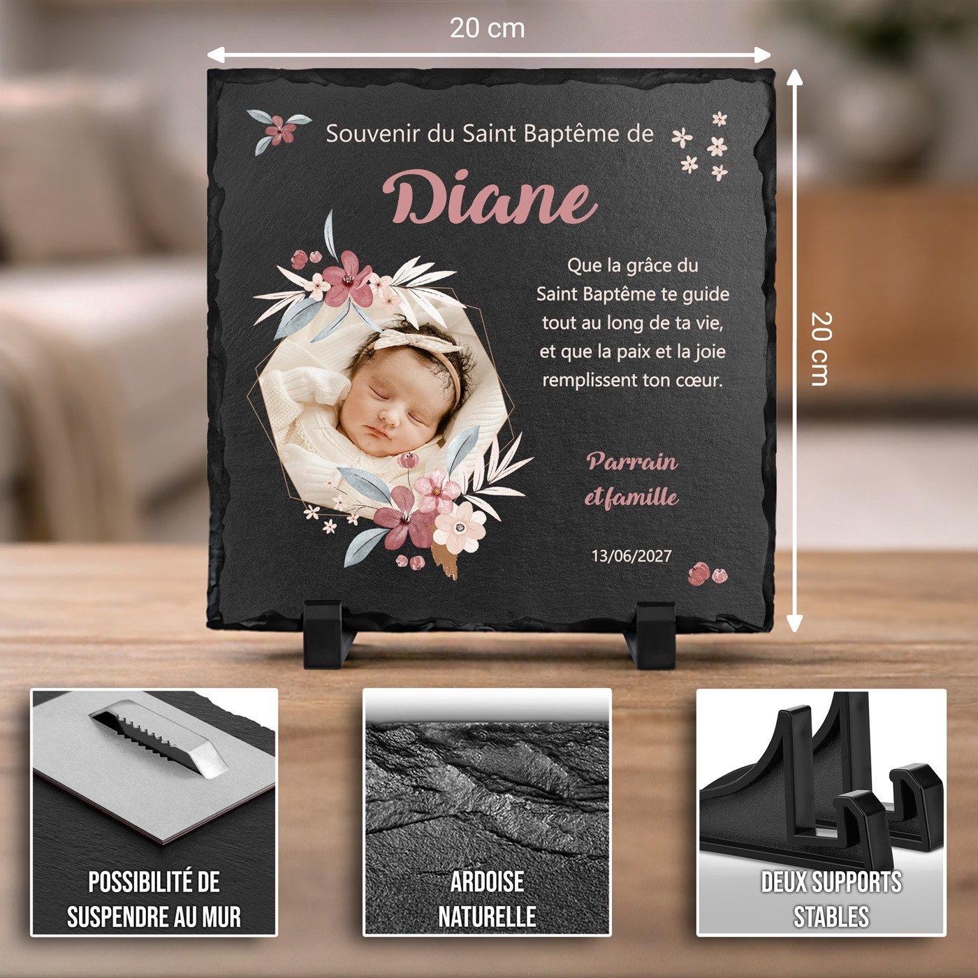 Piedra de pizarra personalizada con foto para el bautismo de una ahijada