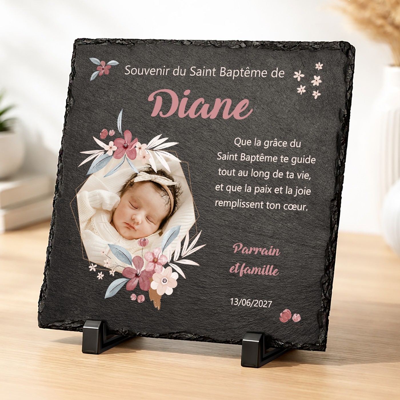 Piedra de pizarra personalizada con foto para el bautismo de una ahijada