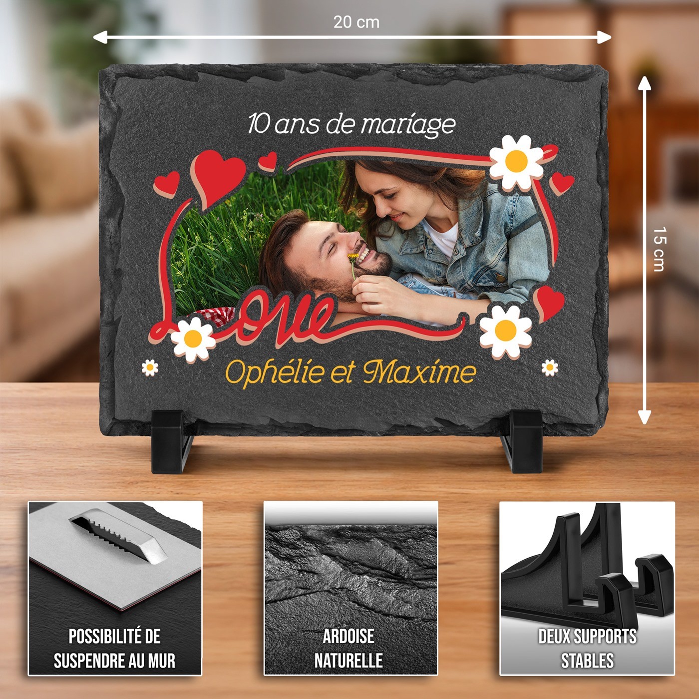Pizarra de piedra negra con impresión personalizada para una pareja que celebra su 10º aniversario de bodas
