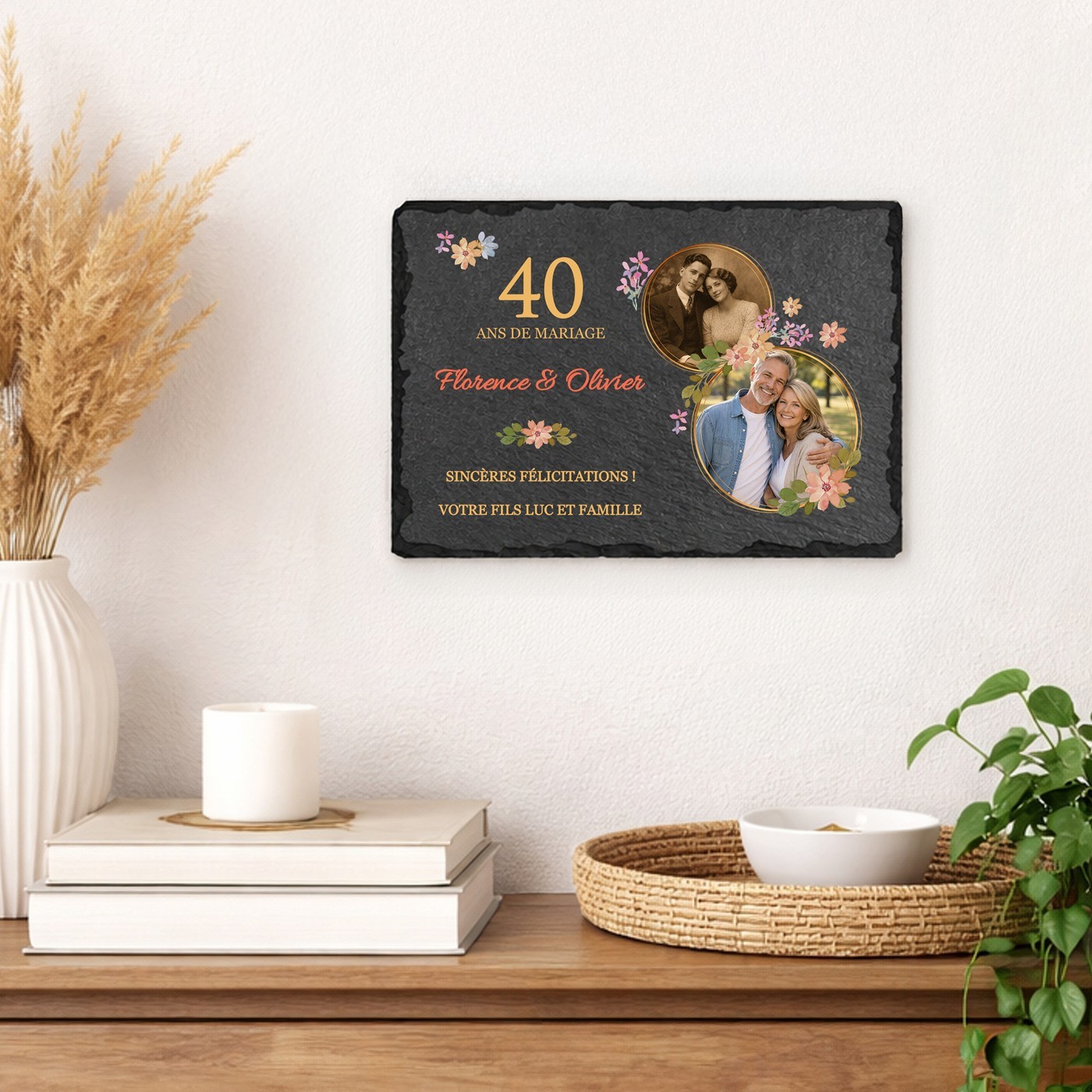 Piedra de pizarra personalizada con foto para padres por su 40º aniversario de bodas