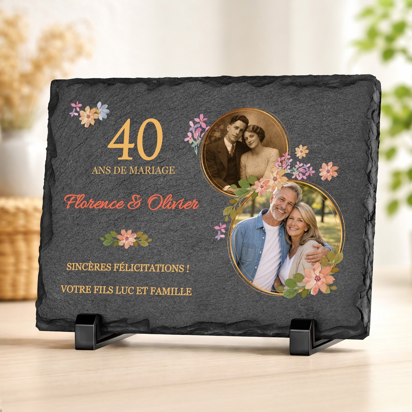 Piedra de pizarra personalizada con foto para padres por su 40º aniversario de bodas