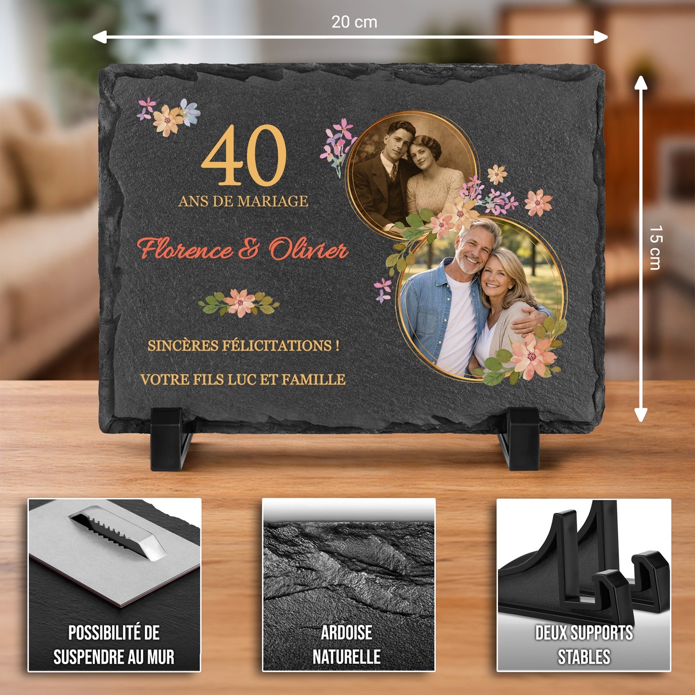 Piedra de pizarra personalizada con foto para padres por su 40º aniversario de bodas