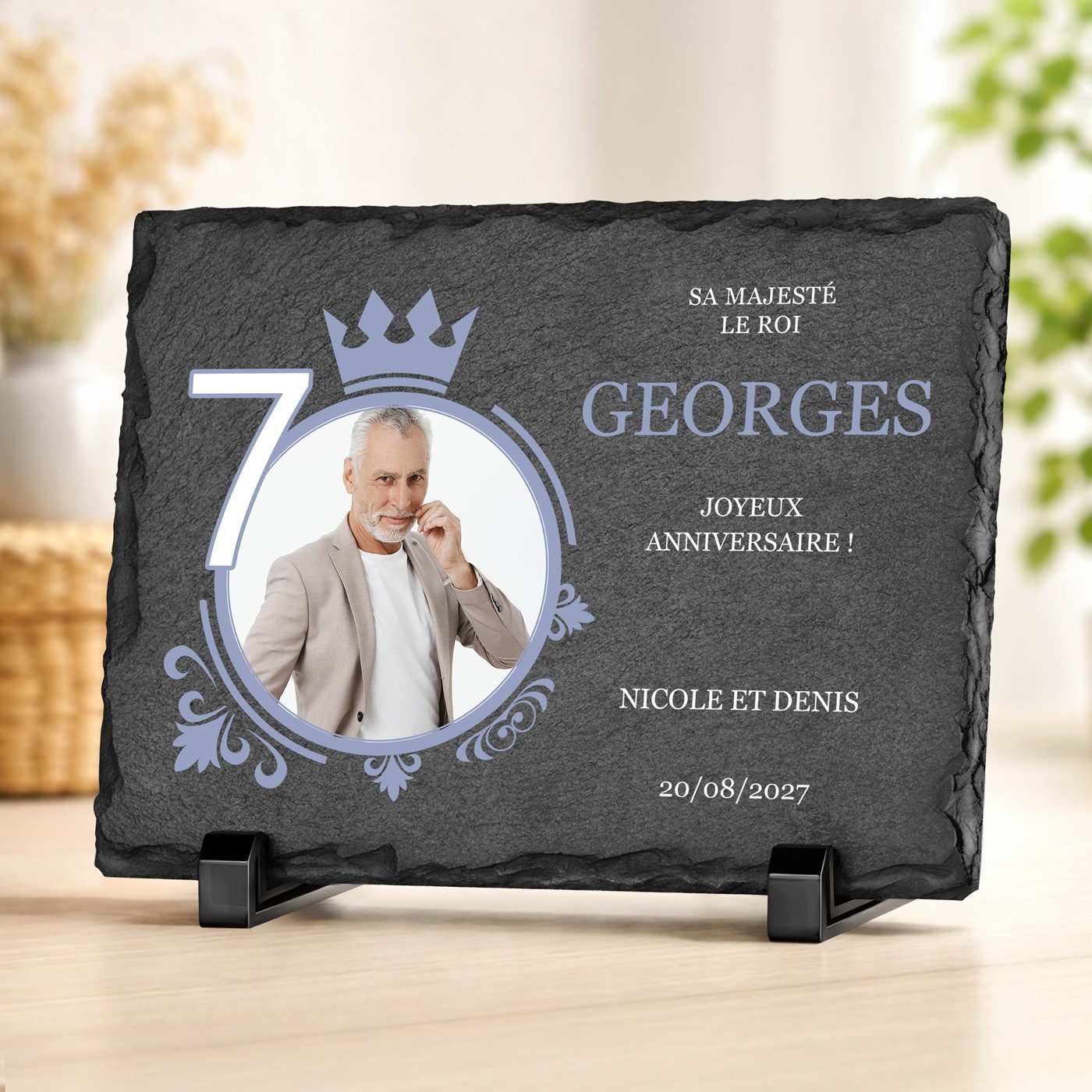 Piedra de pizarra personalizada con foto para un hombre en su 70º cumpleaños