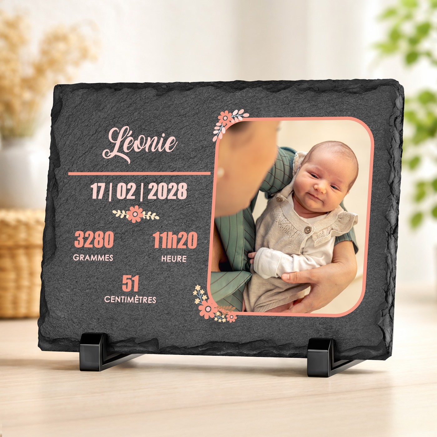 Pizarra negra Murrano con personalización de foto para el nacimiento de una niña