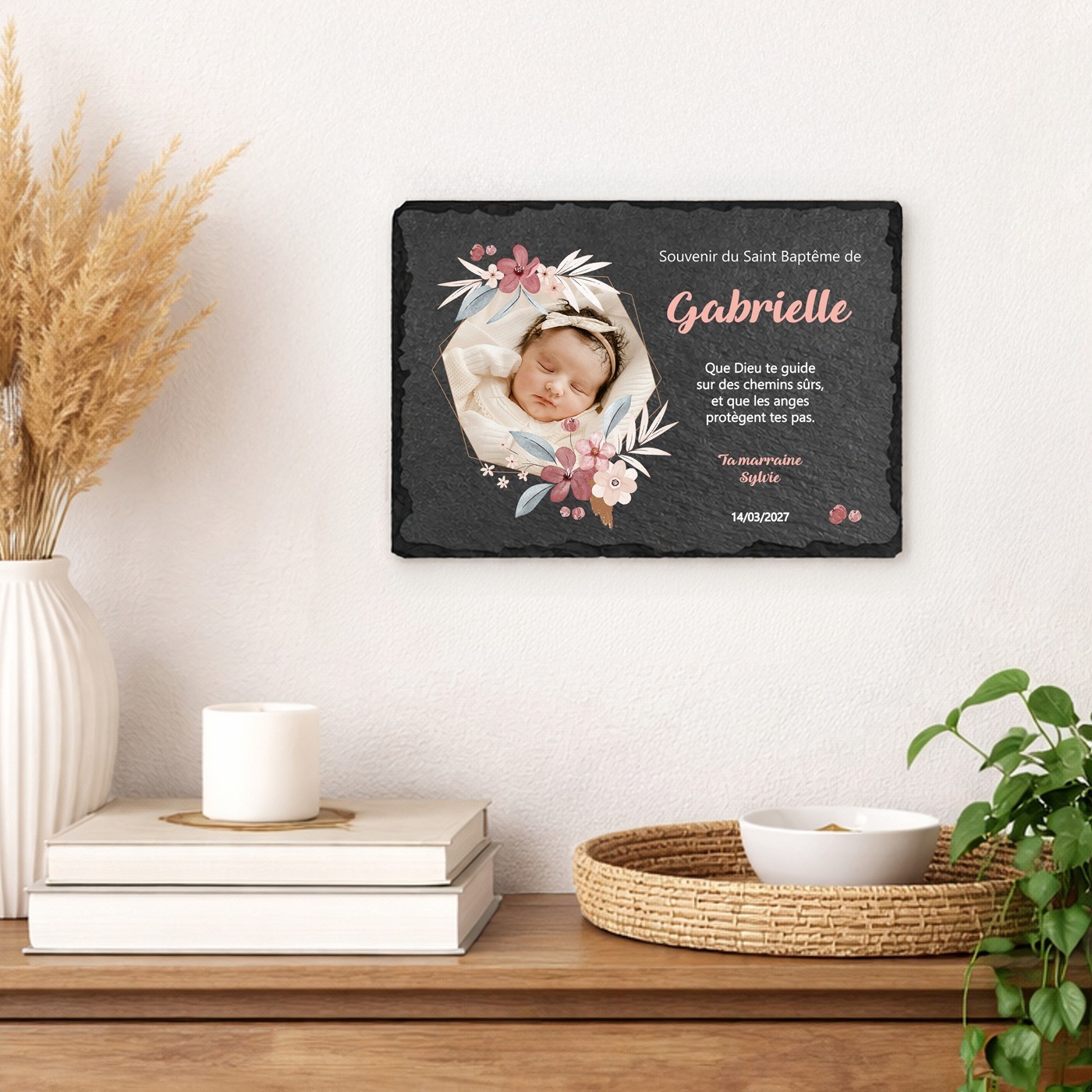 Piedra de pizarra personalizada con foto para el bautismo de una niña
