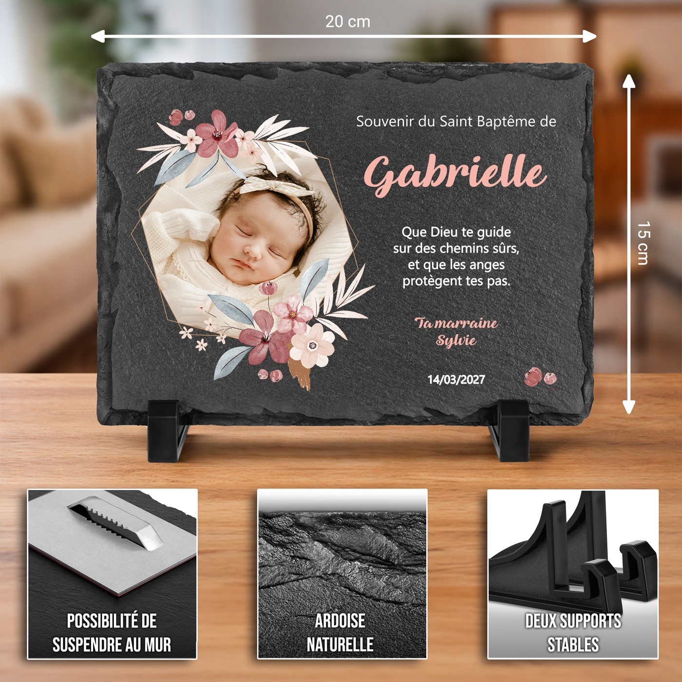 Piedra de pizarra personalizada con foto para el bautismo de una niña
