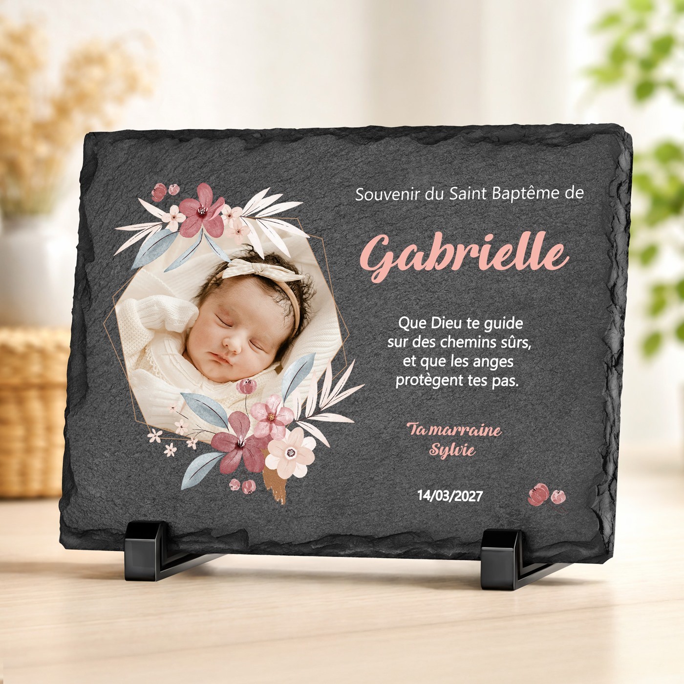Piedra de pizarra personalizada con foto para el bautismo de una niña