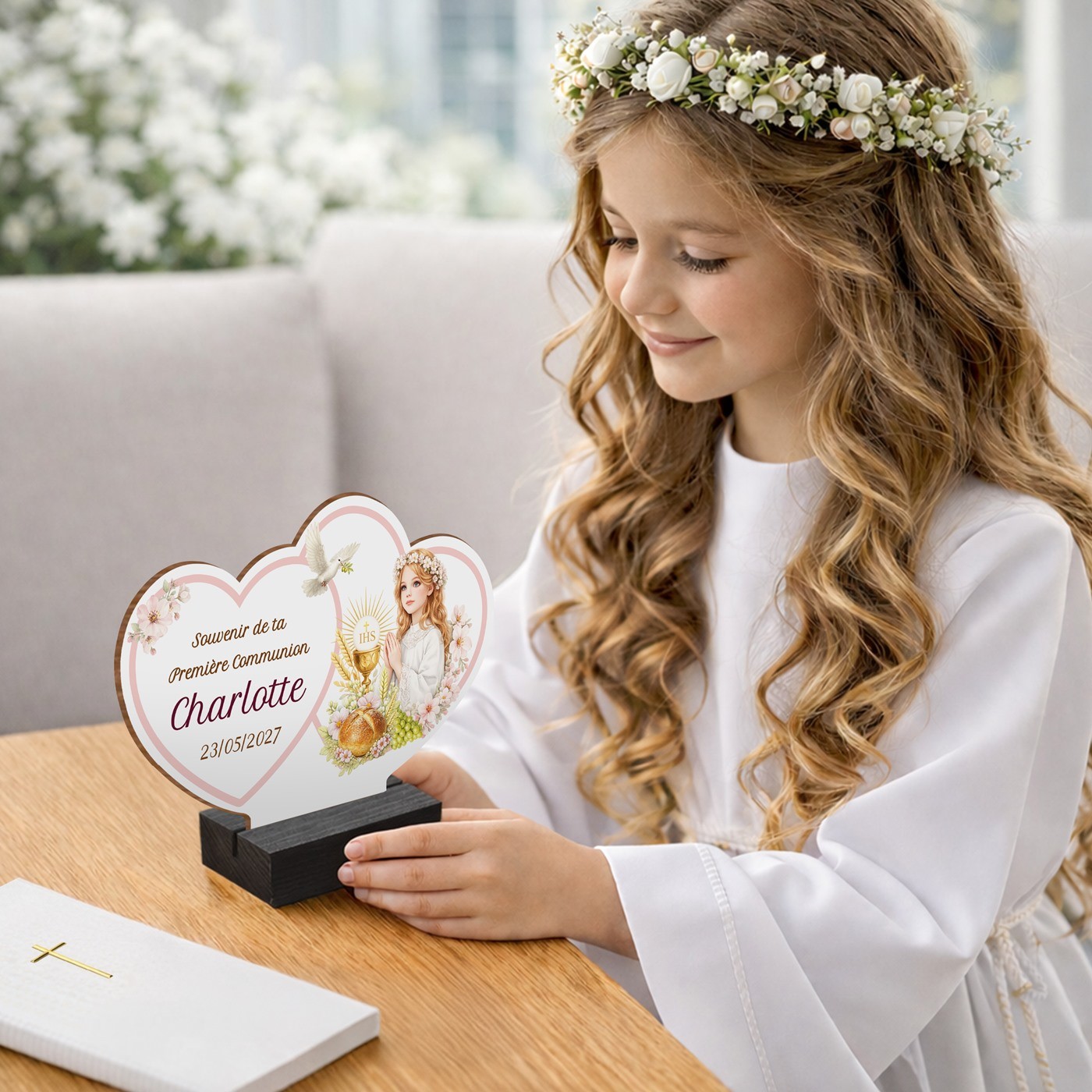 Murrano Personalized Wood Statue with Photo for a Girl's First Communion